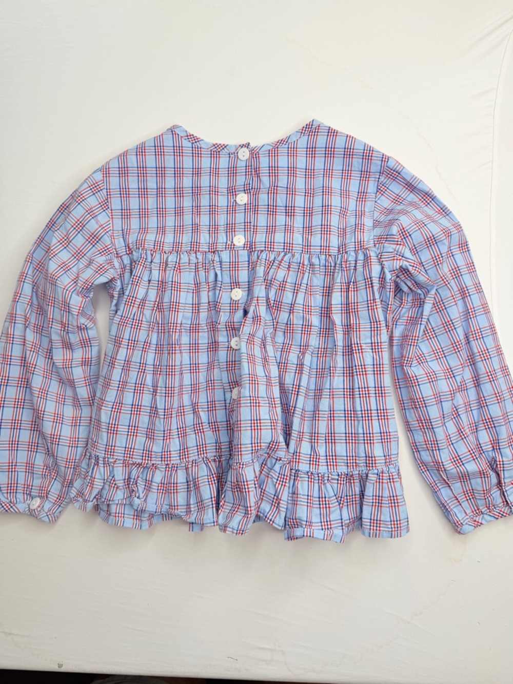 BELLA BLISS Preppy Americana Cotton Blue Plaid Ruffle Long-Sleeve Bow Top Size 8 - Picture 4 of 4